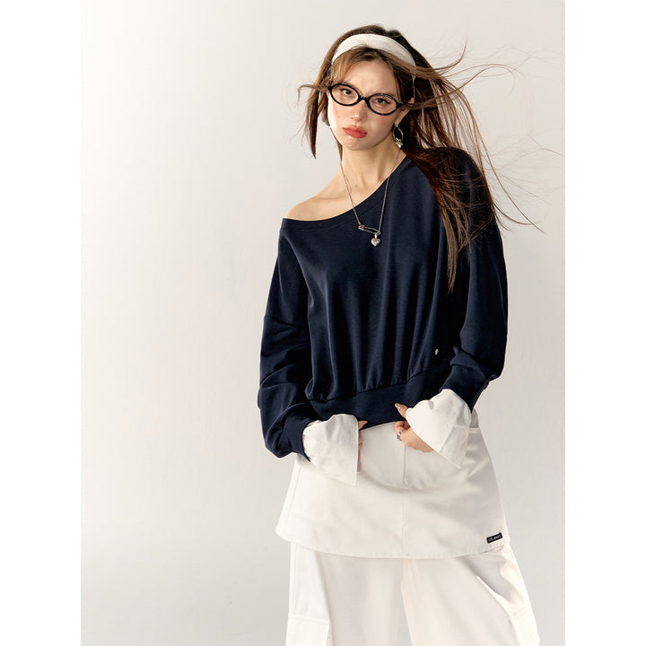 AsGony Fake-2-Piece Off-Shoulder Sweater Navy Blue