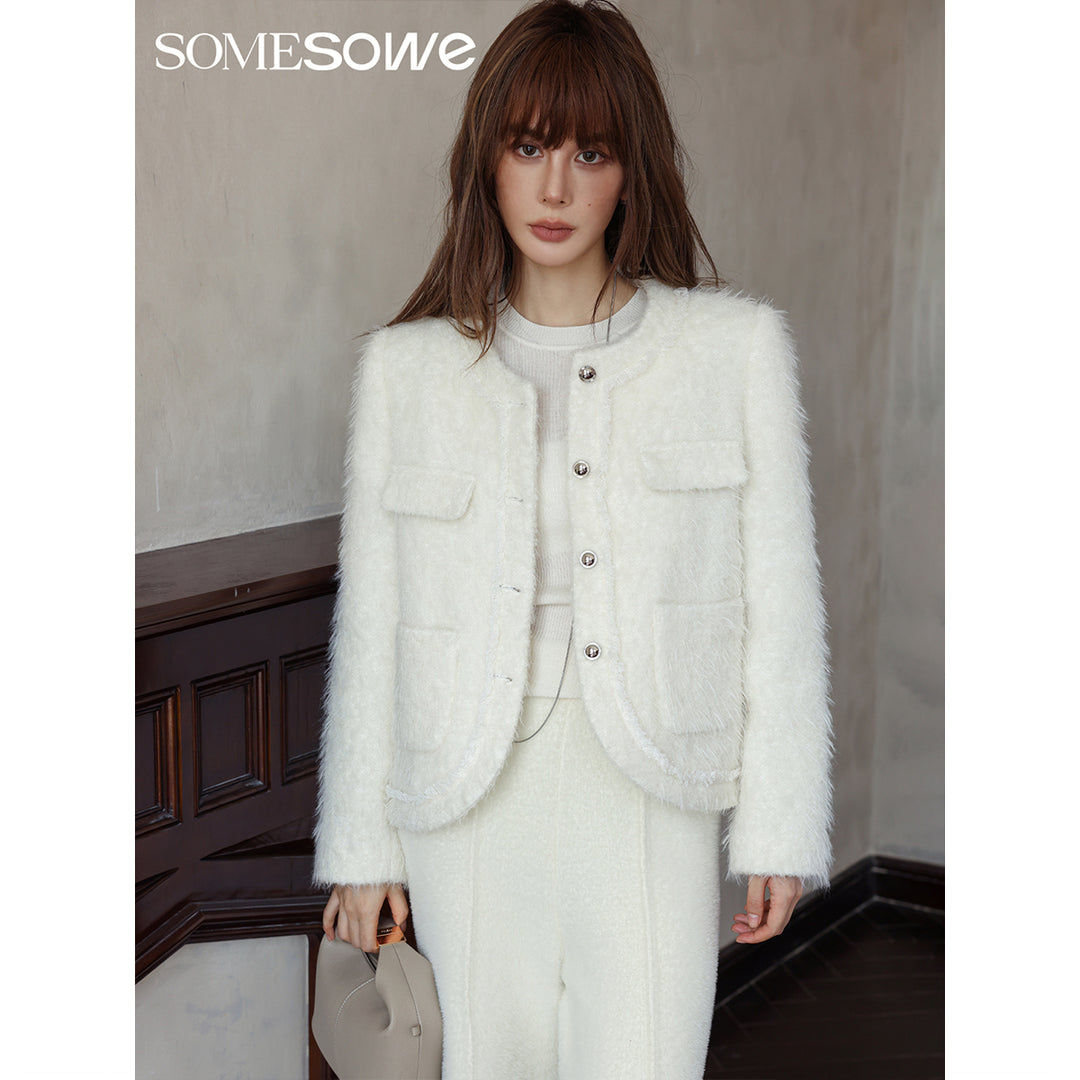 SomeSowe Loop Plush Tassel Woolen Jacket White - Mores Studio