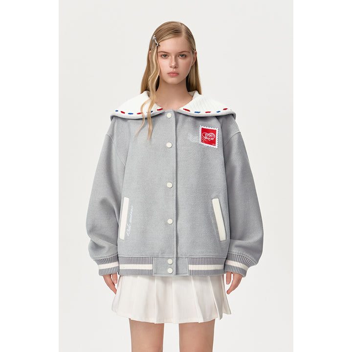 13De Marzo Sailor Collar Love Letter Baseball Jacket Grey