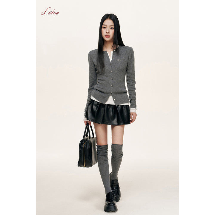 Liilou Fake-2-Piece Contrast Color Slim Knit Top Gray