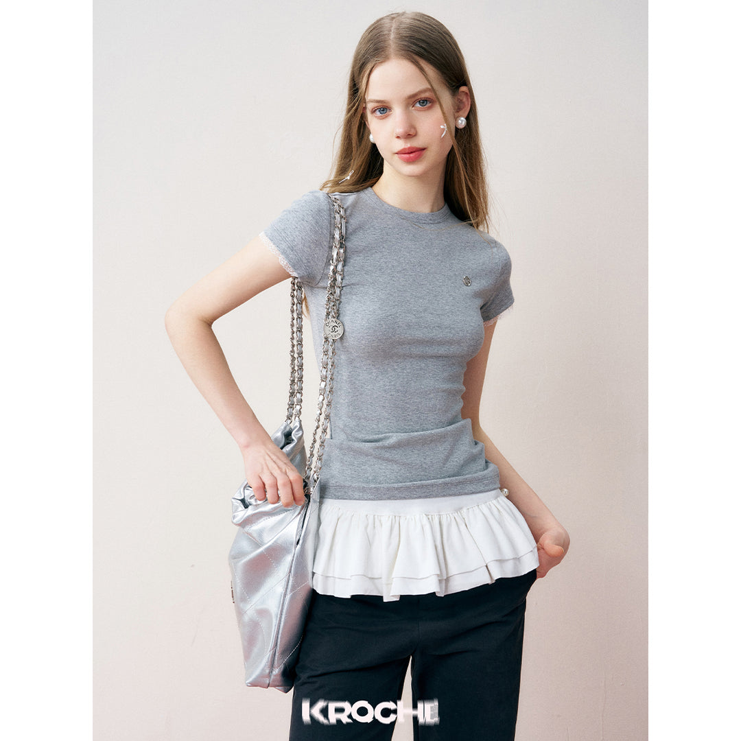 Kroche Lace Sleeve Clean Fit Logo Slim Fit Top Grey
