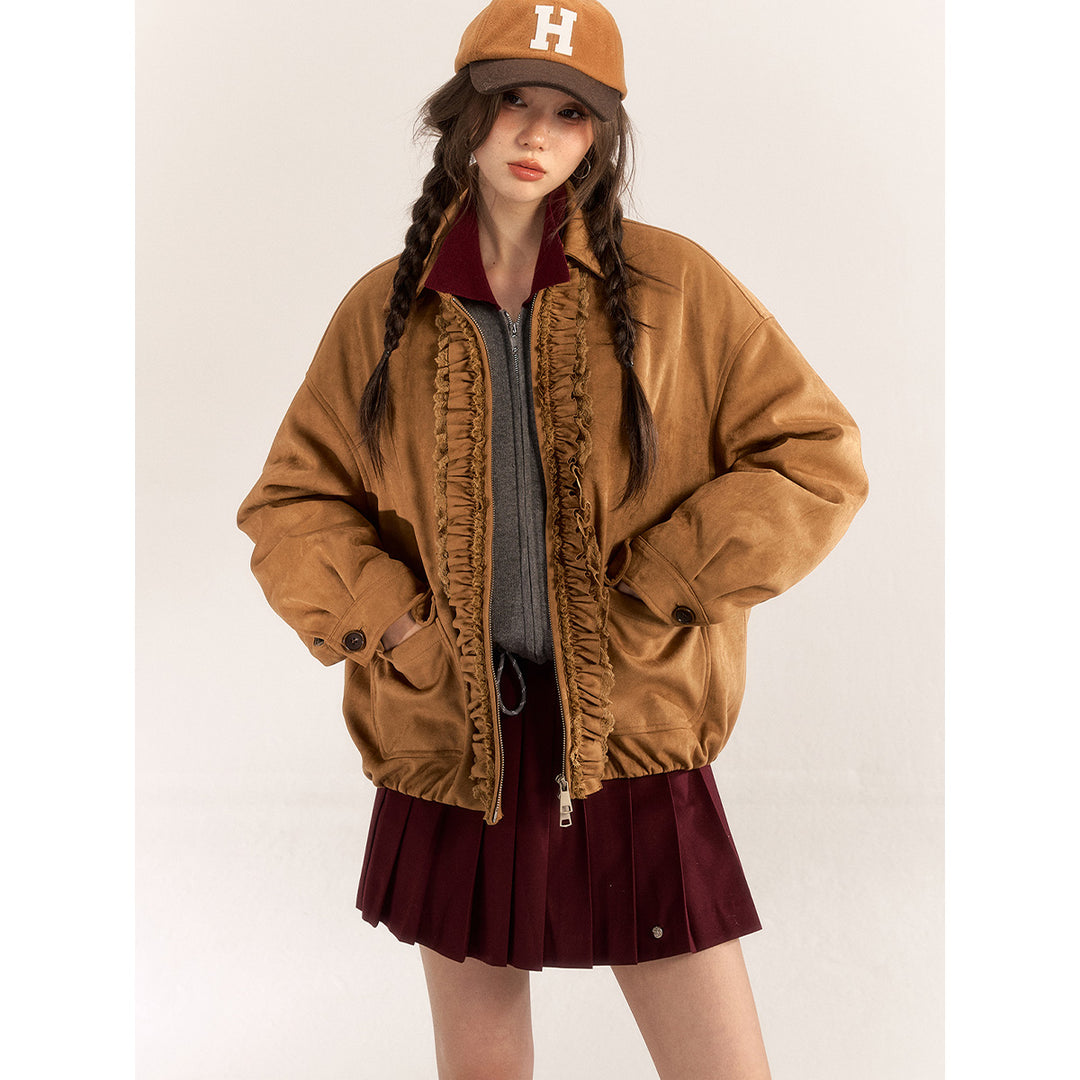 AsGony Lace Stringy Suede Down Jacket Brown