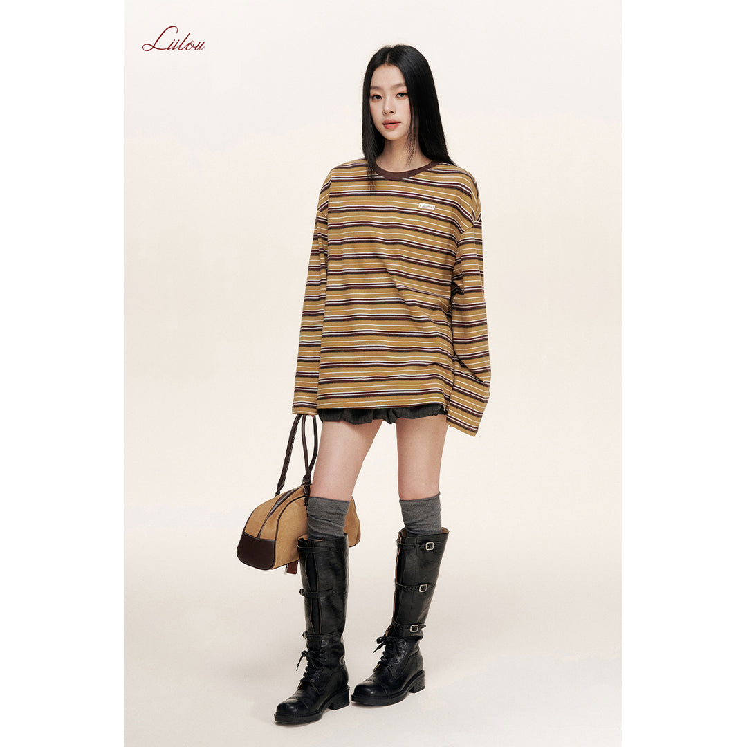 Liilou Athflow Contrast Color Striped L/S Top Brown