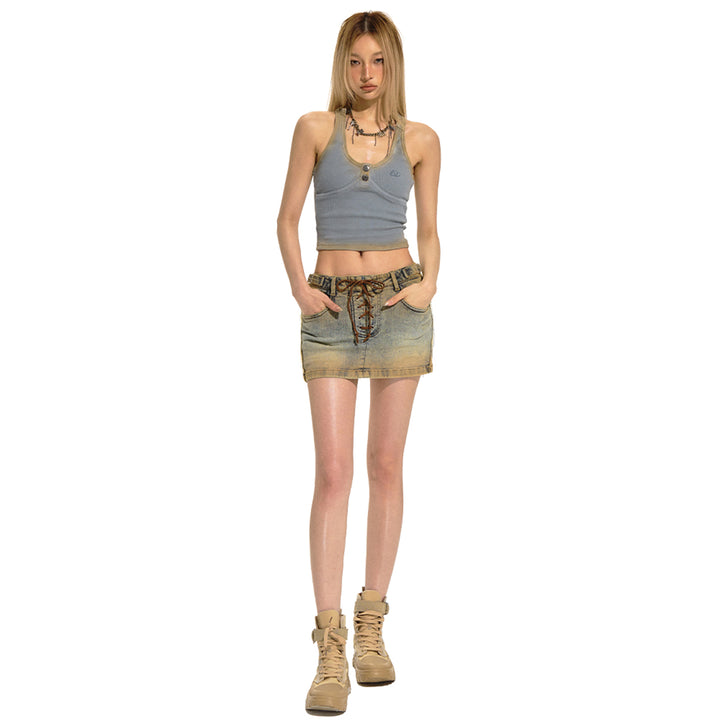 NAWS Distressed Lace-Up Leopard Pocket Denim Skirt