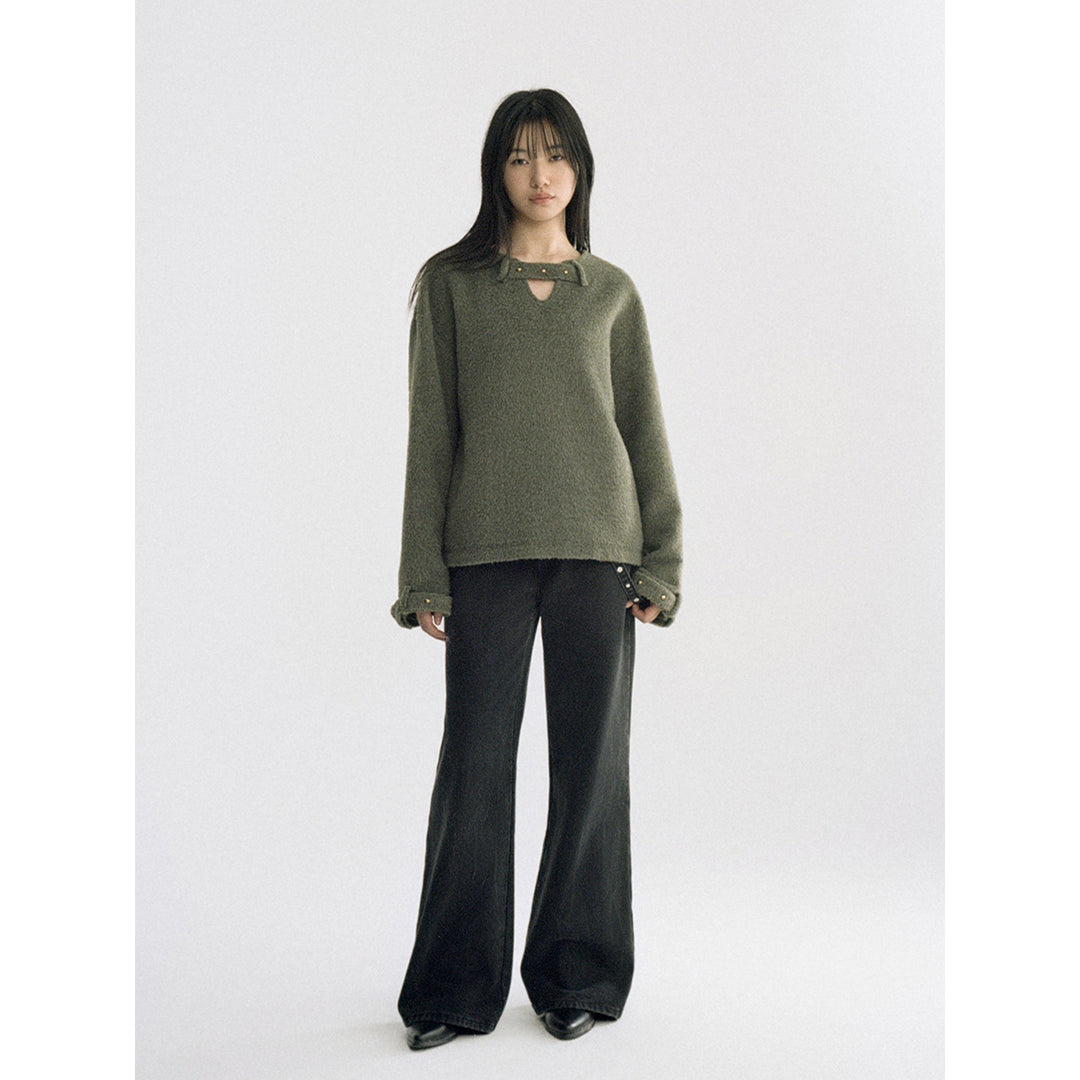 IFIK Hollow Cutting Stud Sweater Olive Green - Mores Studio