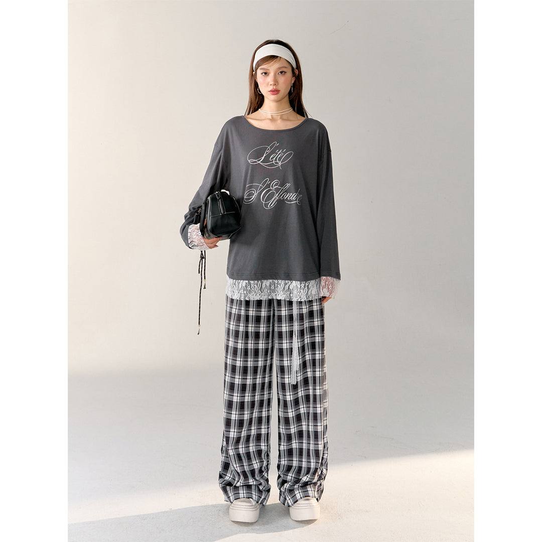 AsGony Lace Edge Plaid Casual Straight-Leg Pants Black