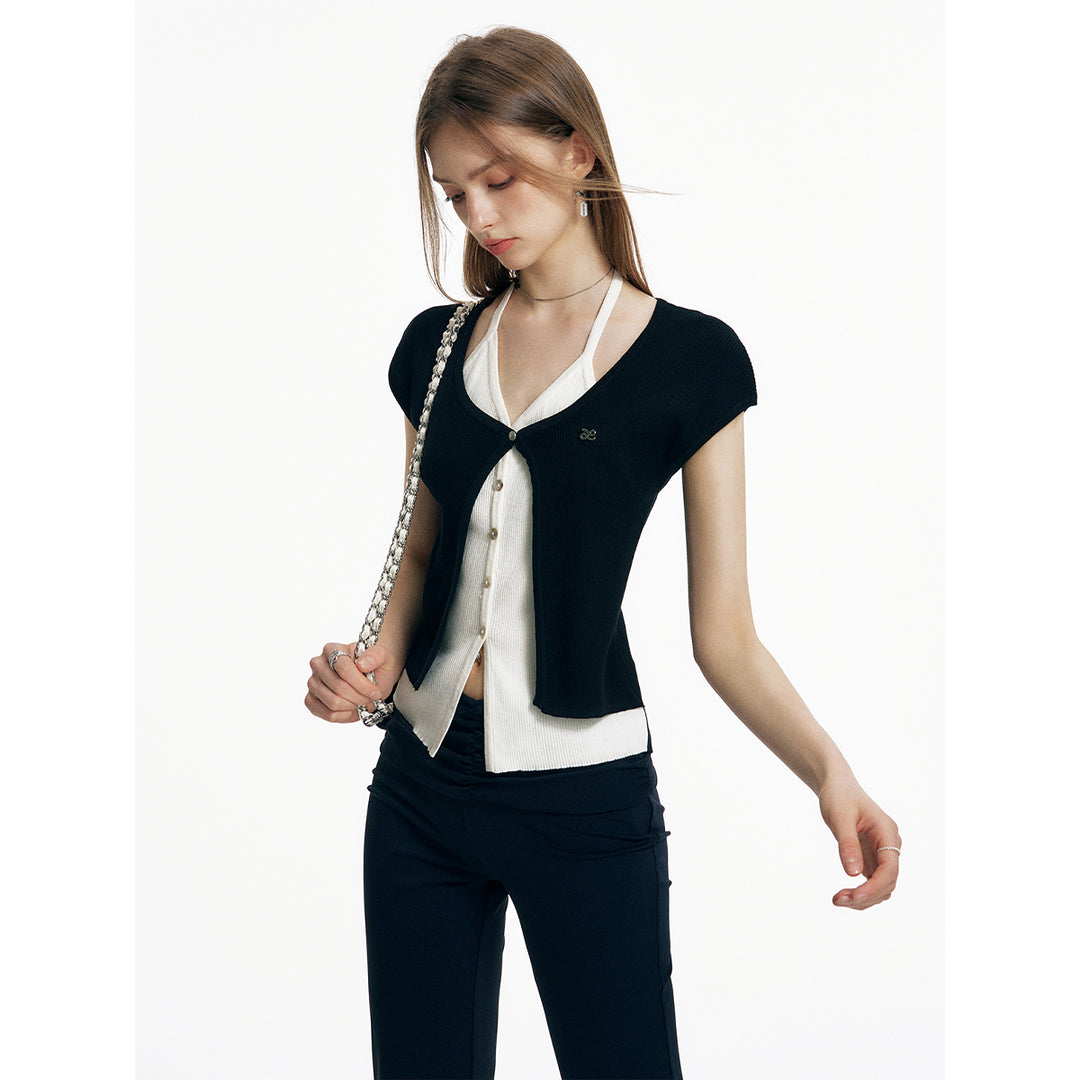 Liilou Contrast Color Fake-2-Piece Halter Knit Top Black