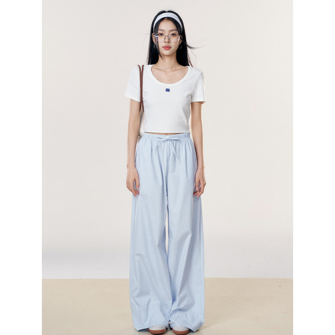 Liilou Vertical Striped Wide-Leg Casual Pants Blue