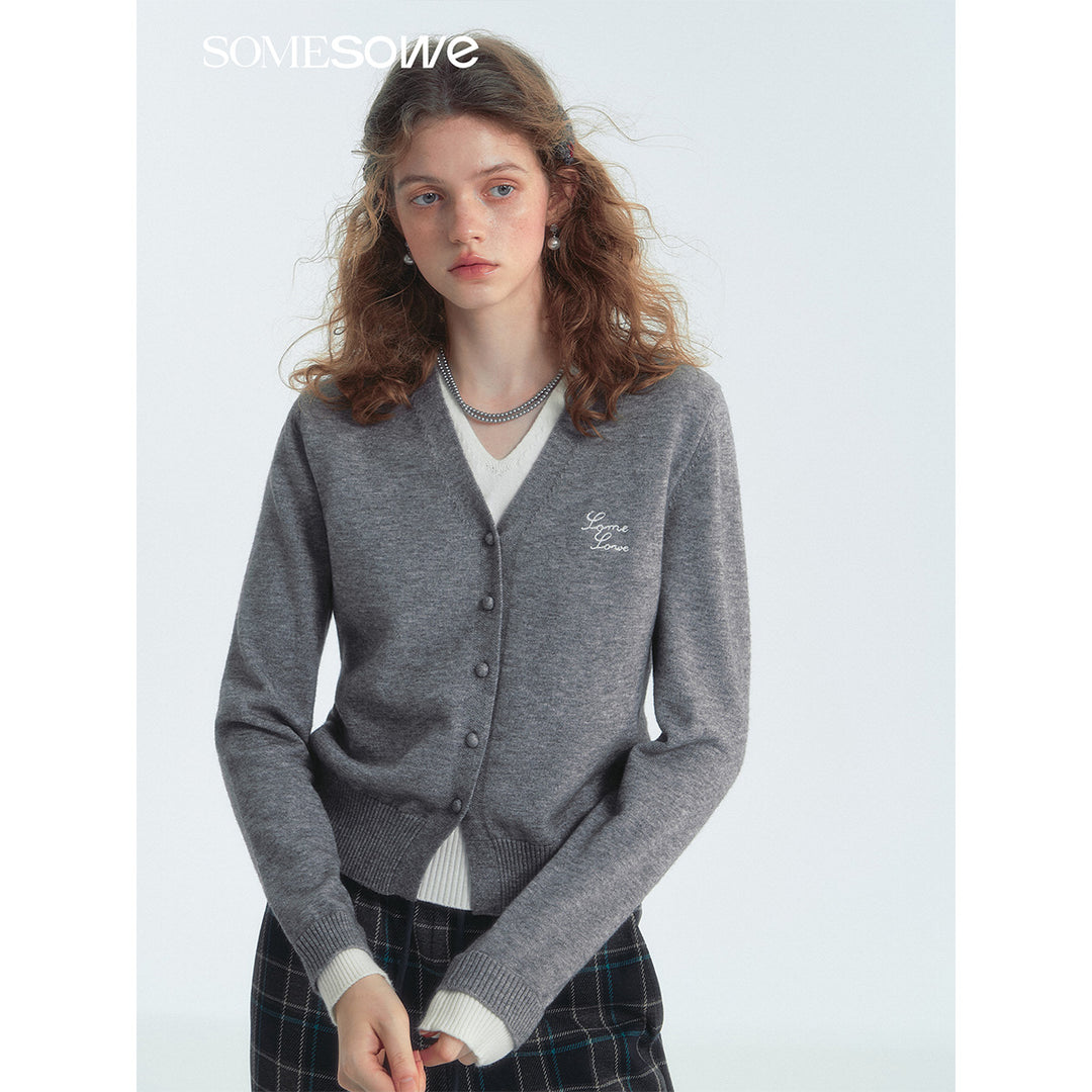 SomeSowe Fake-2-Piece V-Neck Knit Cardigan Gray