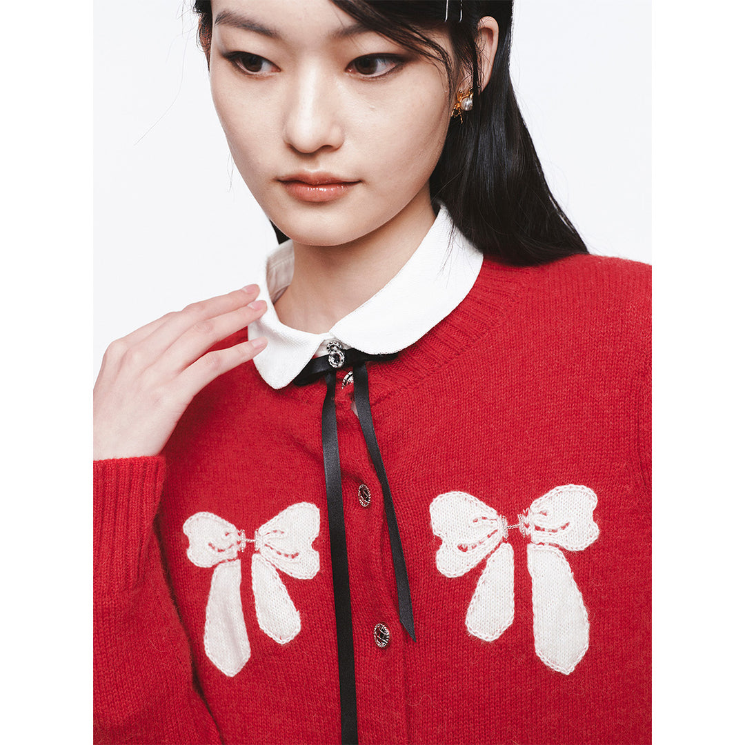 Herlian Contrast Color Bow Knitted Cardigan Red