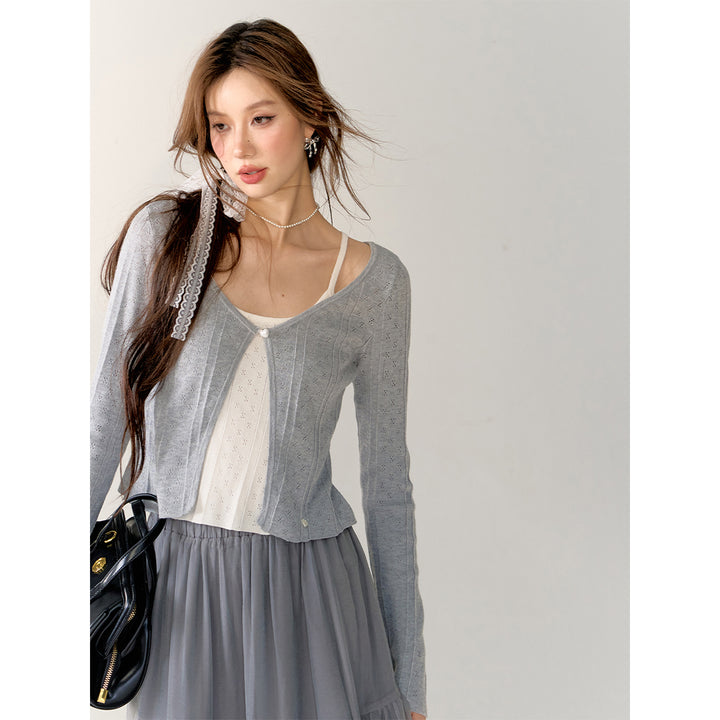 AsGony Contrast Color Fake-2-Piece Slim Cardigan Gray