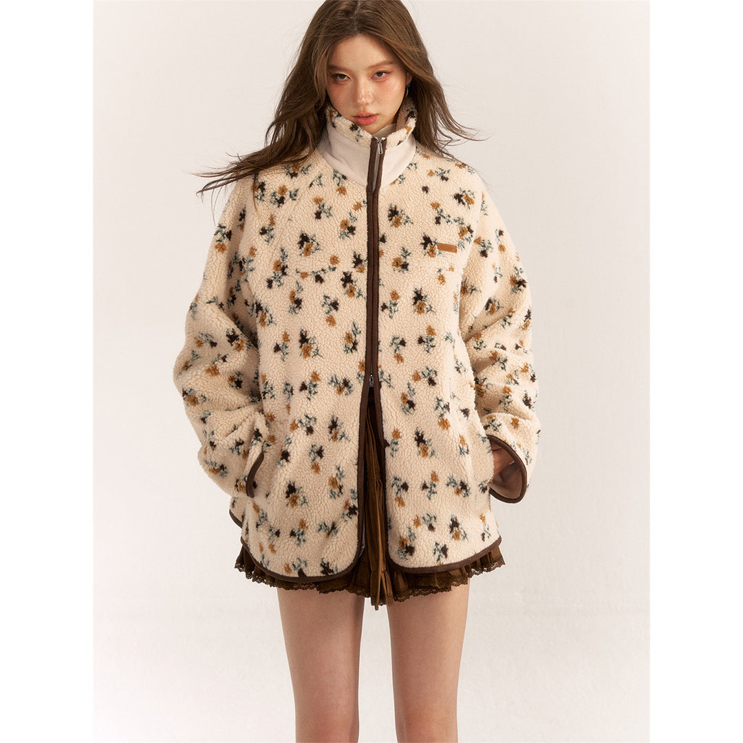 AsGony Retro Floral Lapel Woolen Padded Jacket