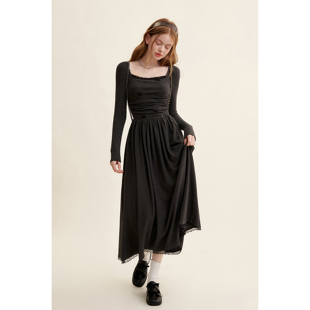 Kroche Velvet Bow Square Neck Waisted Dress Black