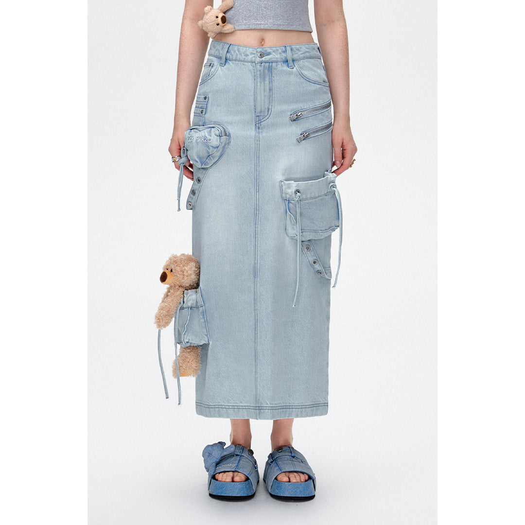 13De Marzo Bear Zipper Denim Cargo Long Skirt Light Blue