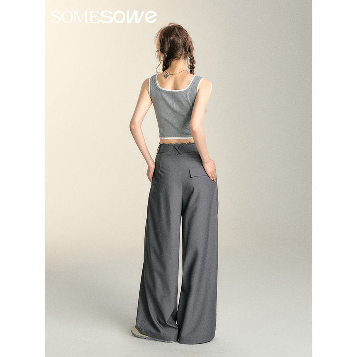 SomeSowe Lace Patchwork Pleated Suit Pants Gray