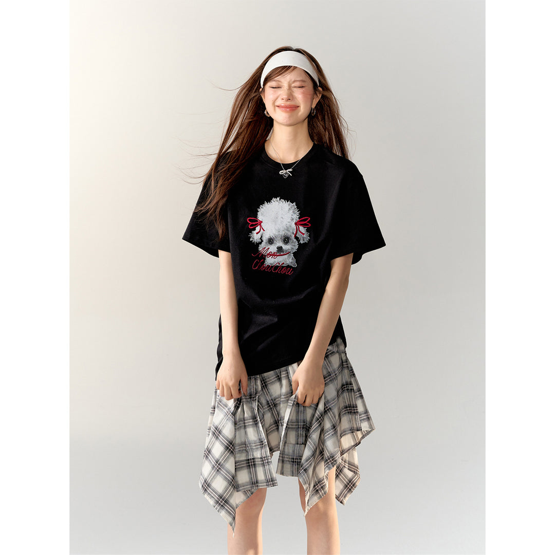 AsGony Puppy Printed Straight Shoulder T-Shirt Black