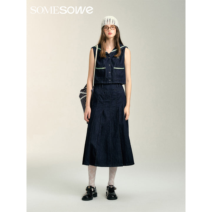 SomeSowe Pleated Denim Long Skirt Navy Blue