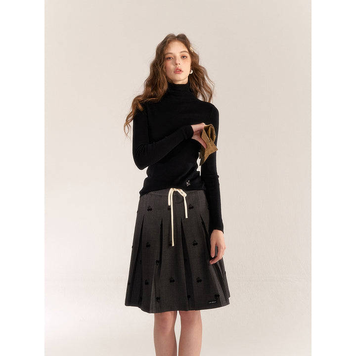 AsGony Color Blocked Cherry Drawstring Pleated Skirt