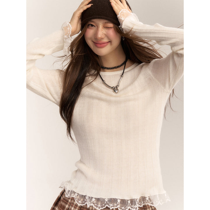 AsGony Blended Woolen Lace Edge Slim Knit Top White