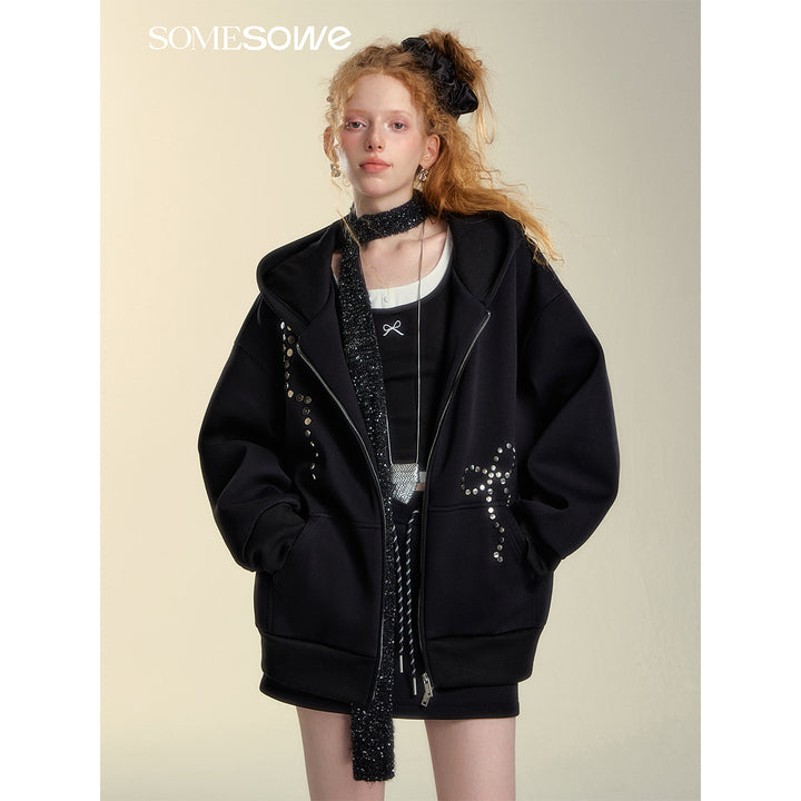 SomeSowe Bow Rivet Hooded Casual Jacket Black