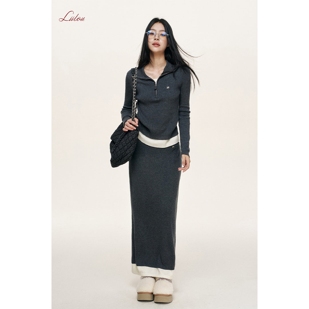 Liilou Merino Woolen Fake-2-Piece Knit Long Skirt Dark Gray