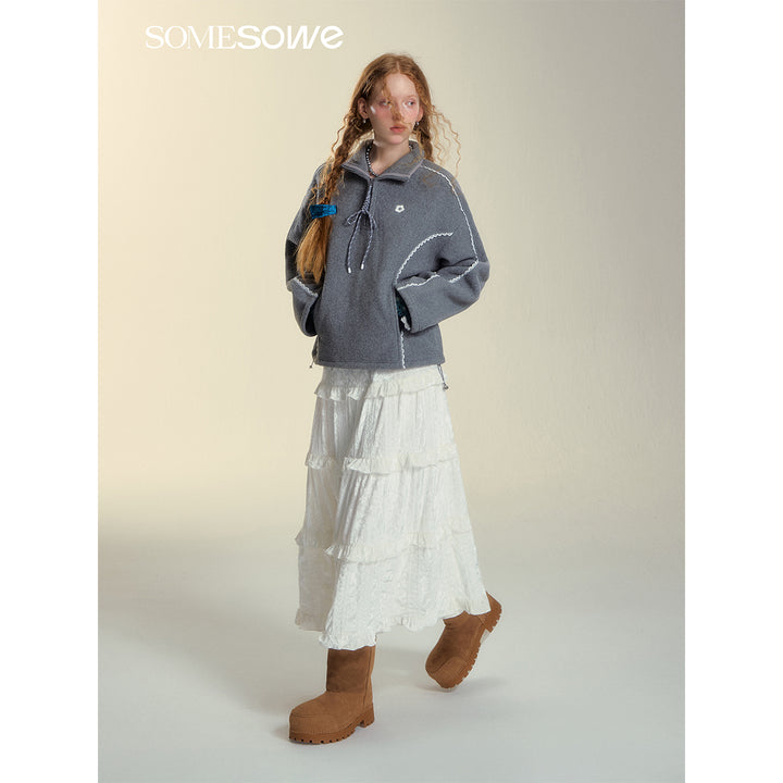 SomeSowe Lace Patchwork Fleece Sweatshirt Gray