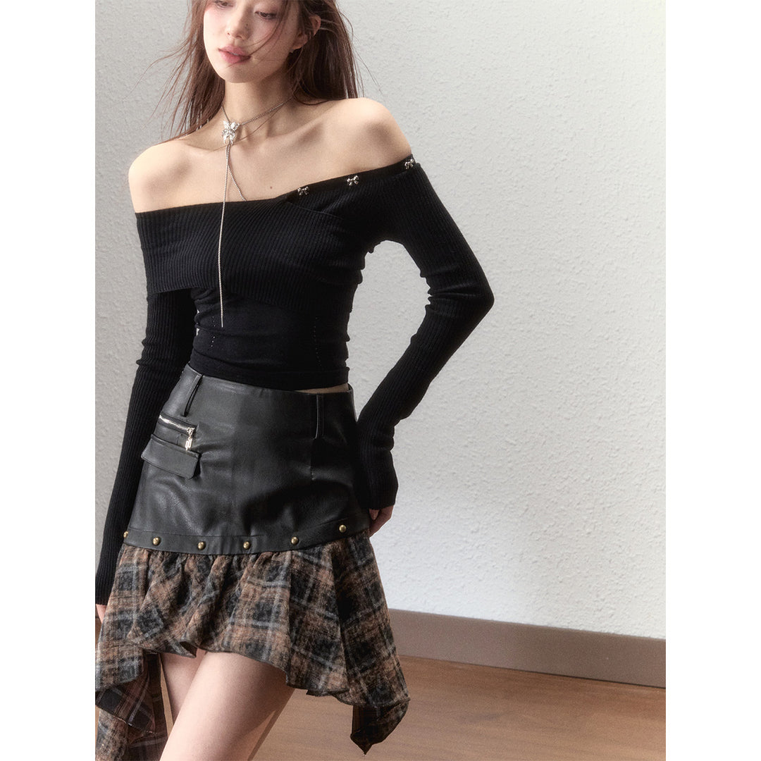 Via Pitti Bow-Knot Pin Off Shoulder Knit Top Black