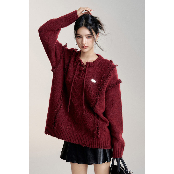 MacyMccoy Lace-Up Raw Edge Silhouette Sweater Red