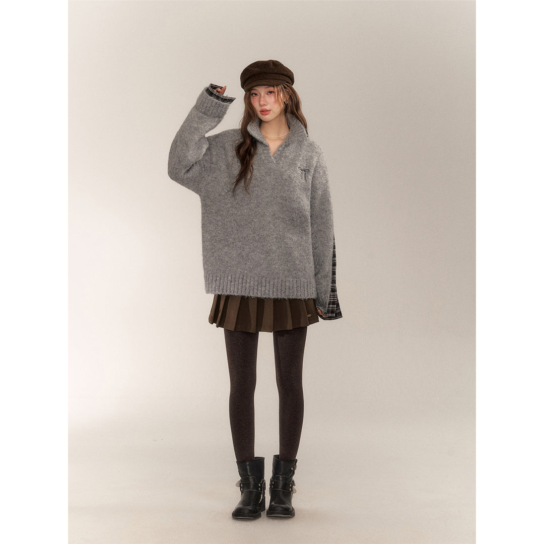 AsGony Plaid Patch Embroidery Knit Sweater Gray