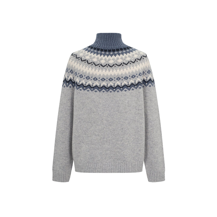 Three Quarters Fair Isle Jacquard Color Contrast High Collar Sweater Gray