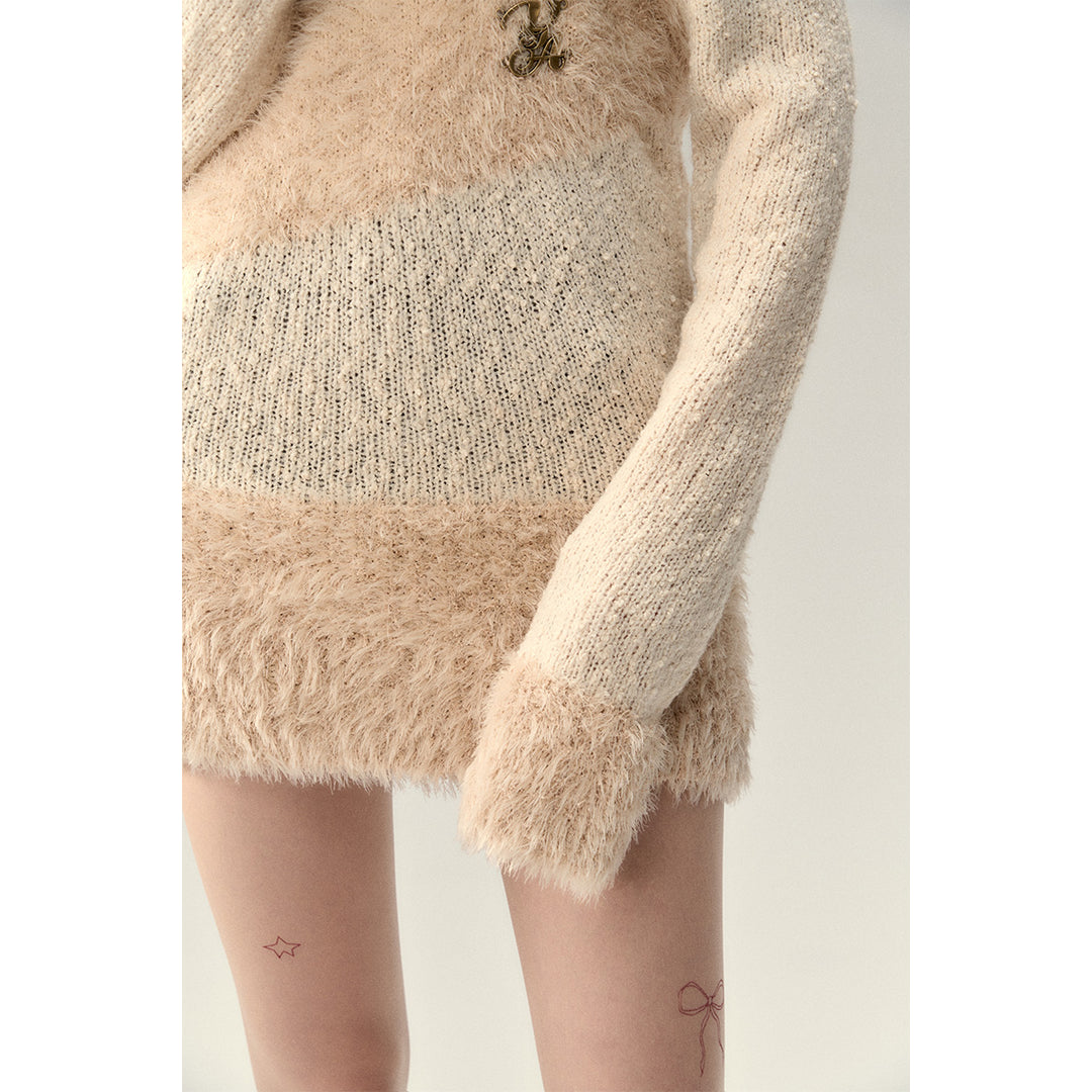 Via Pitti Color Blocked Fluffy Off-Shoulder Sweater - Mores Studio
