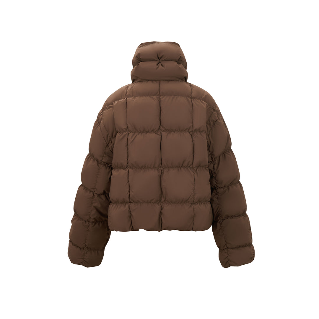 Three Quarters Checkered Lapel Short Down Jacket Brown