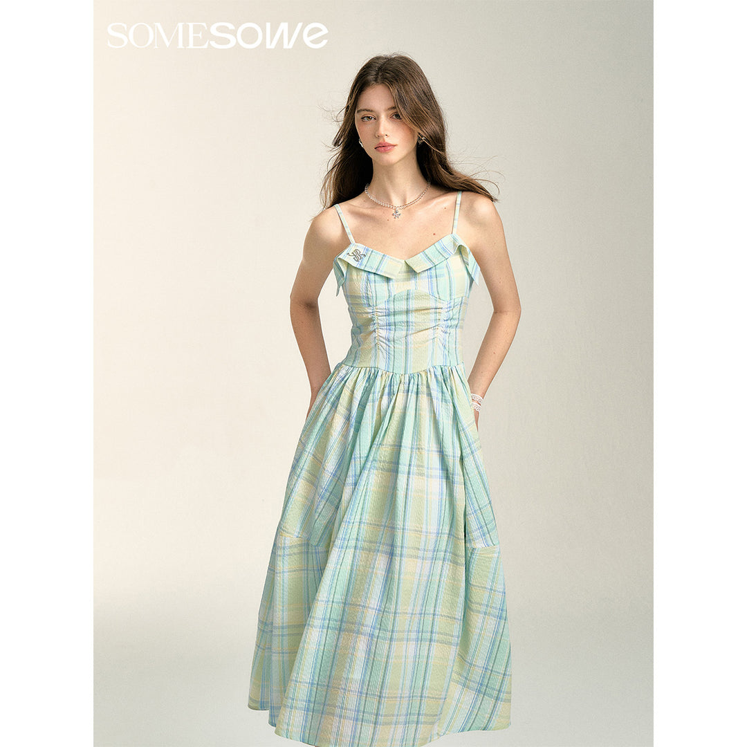 SomeSowe Pleated Checked Long Slip Dress Green