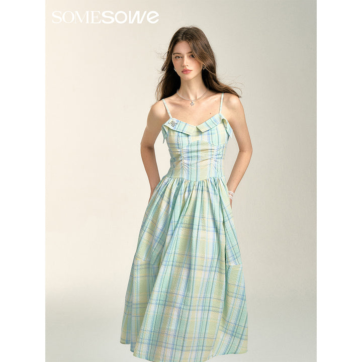 SomeSowe Pleated Checked Long Slip Dress Green