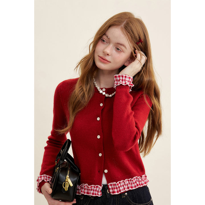 Kroche Stringy Selvedge Plaid Patchwork Knit Cardigan Red