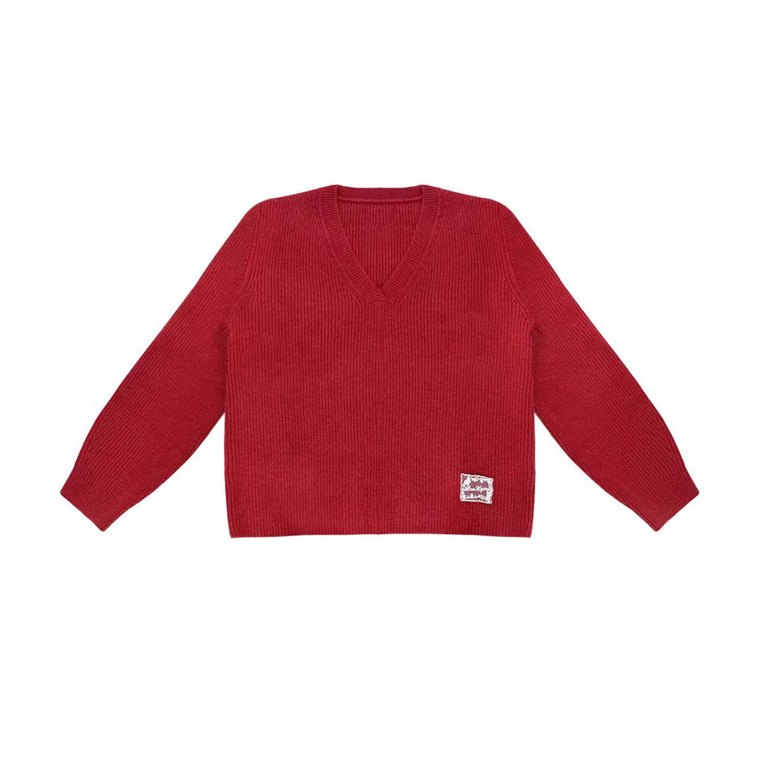 AsGony Retro V-Neck Casual Knit Sweater Red