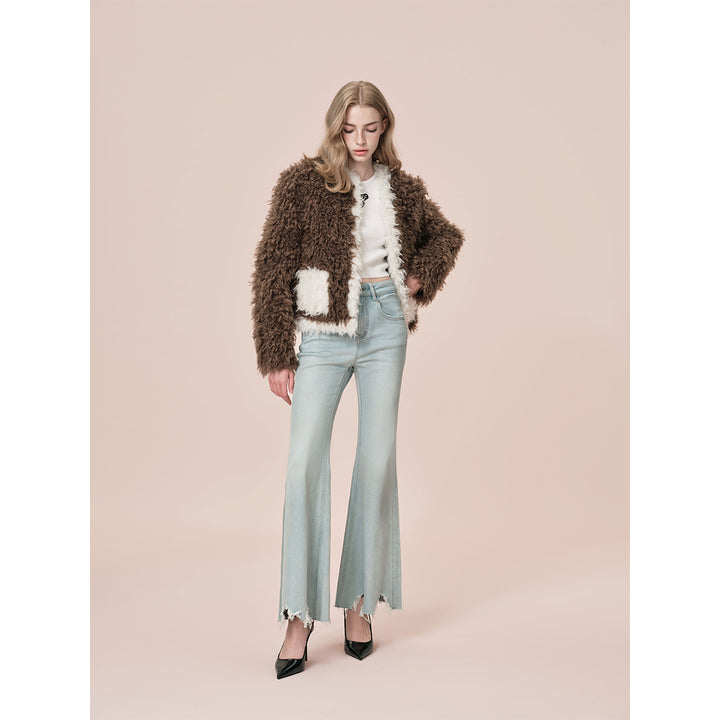 Rocha Roma Color Blocked Curly Fur Jacket Brown