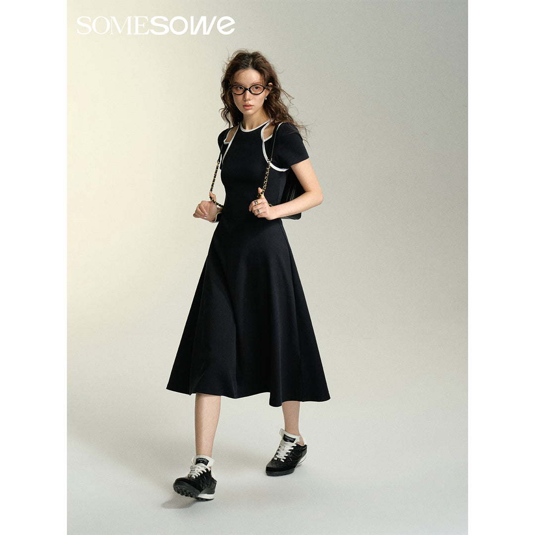 SomeSowe Contrast Color Halter Short-Sleeved Midi Dress