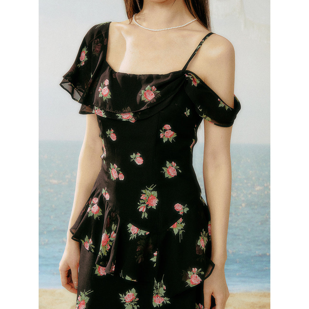 AsGony Ruffled Floral Slit Off-Shoulder Long Dress