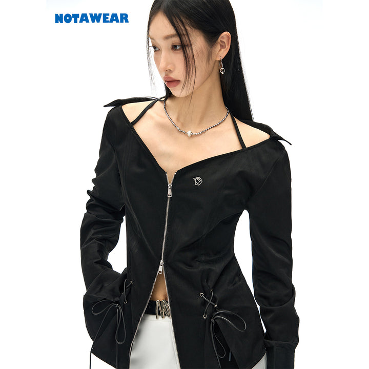 NotAwear Logo Embroidery Drawstring Slim Zipper Shirt Black - Mores Studio