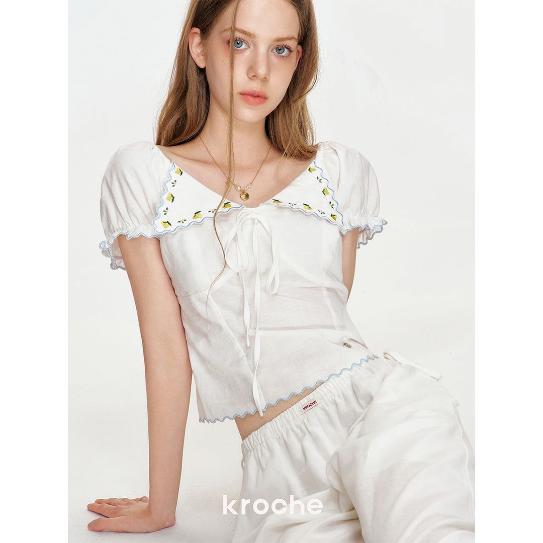 Kroche Lemon Embroidery Lace Up Shirt Top White