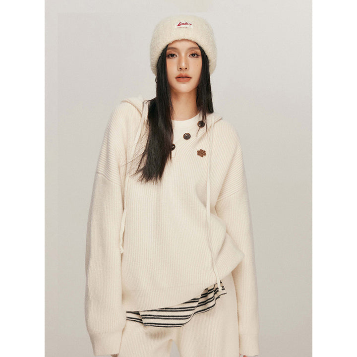Liilou Casual Oversized Hooded Knit Sweater Cream - Mores Studio