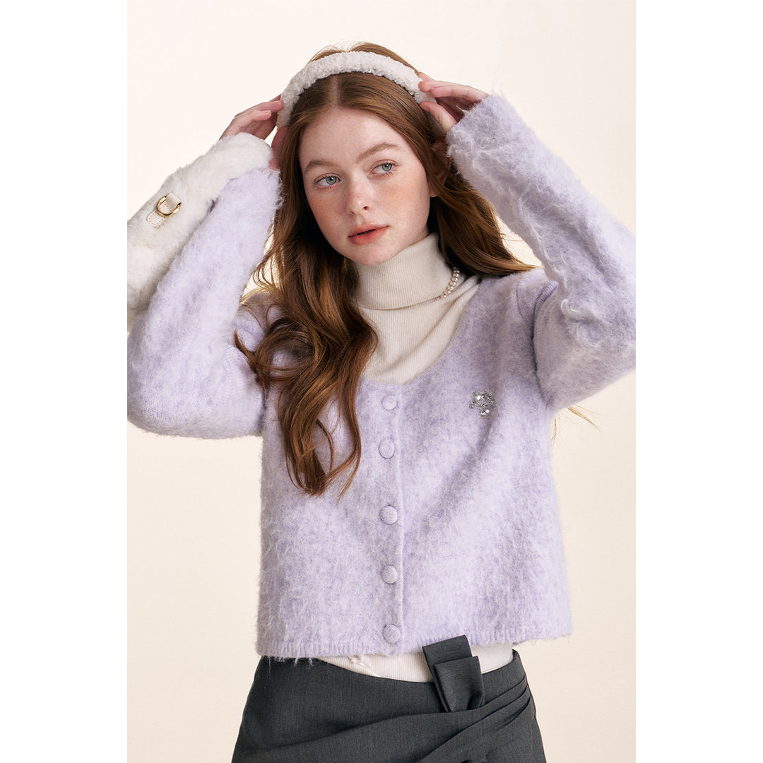 Kroche Sequin Embroidery U-Neck Woolen Cardigan Purple