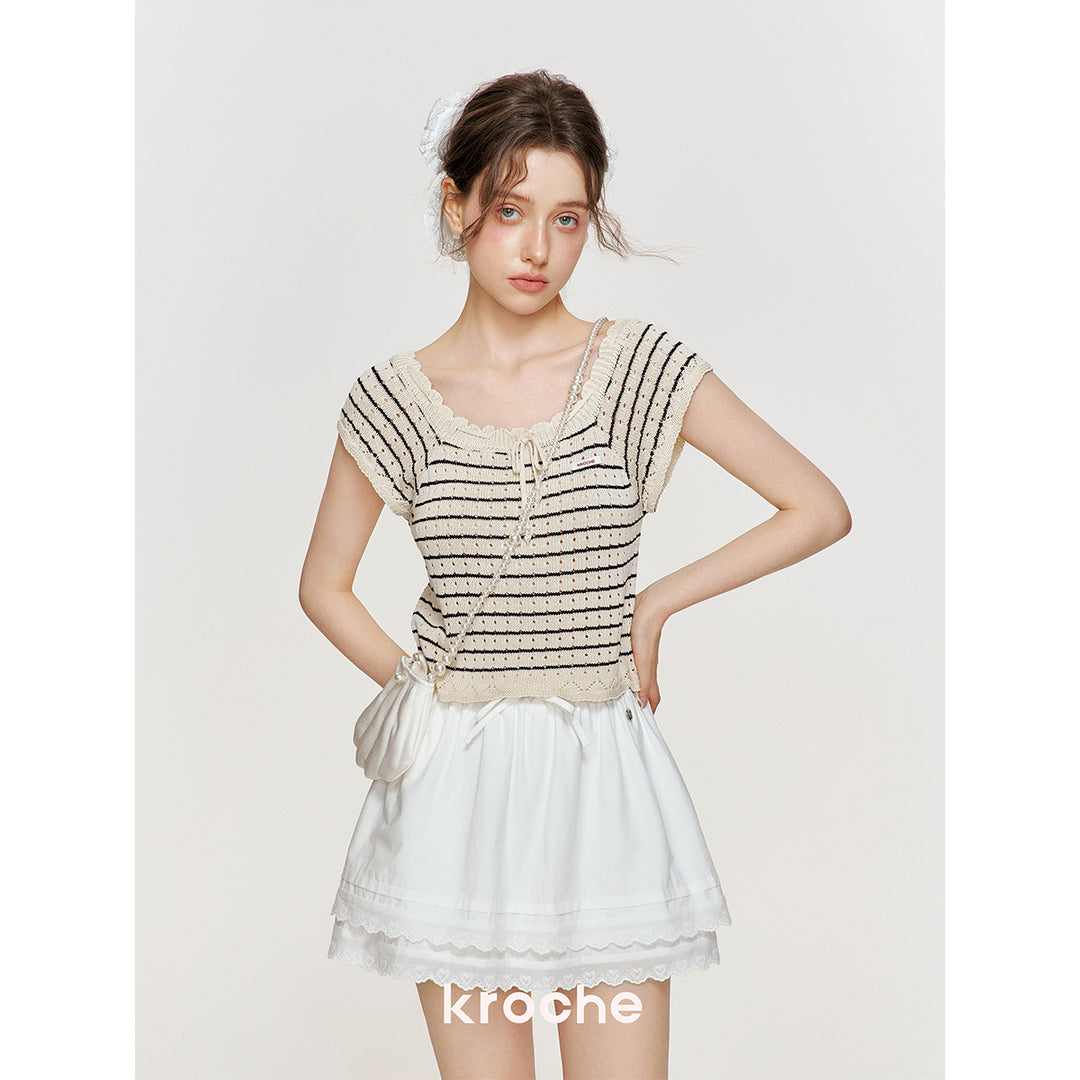 Kroche Hollow Out Lace Up Striped Knitted Top