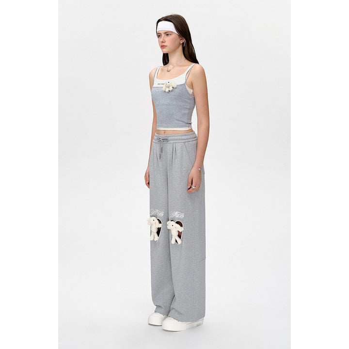 13De Marzo Doozoo Knee Hollow Out Heart Sweat Pants Gray