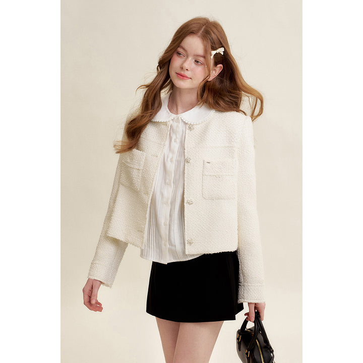 Kroche Heavy Floral Button Tweed Jacket White