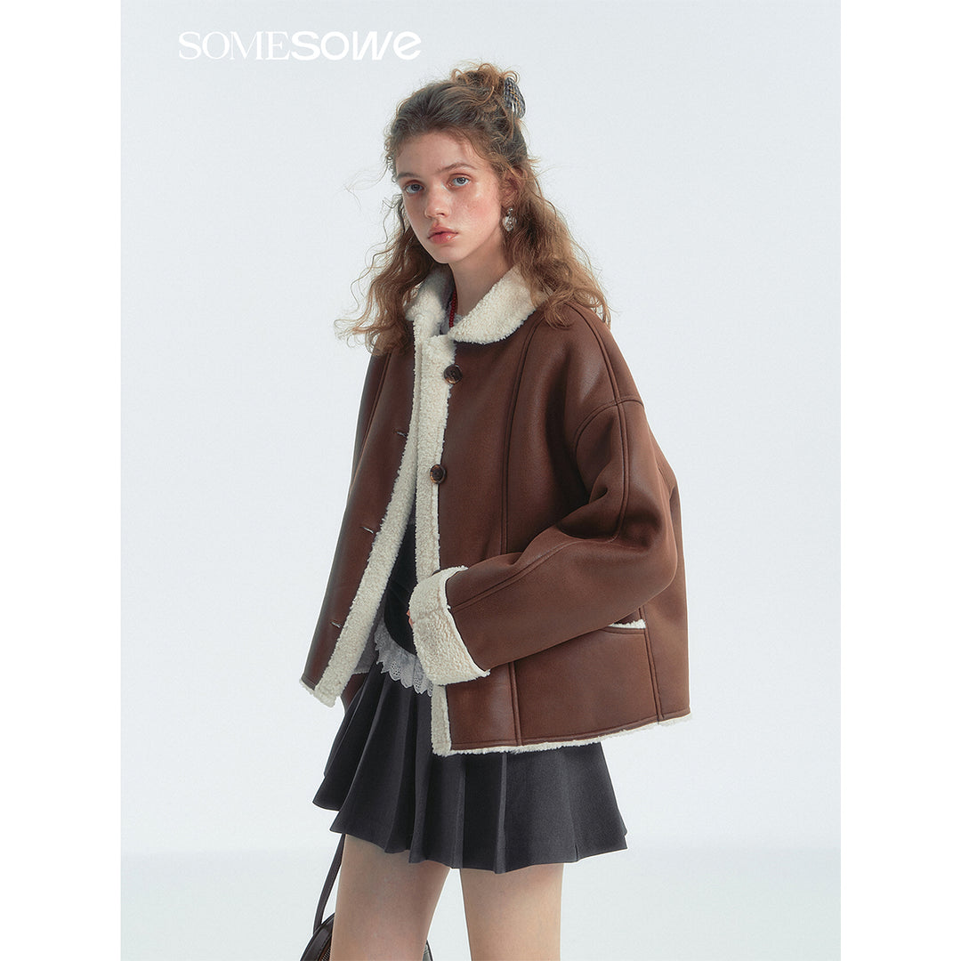 SomeSowe Lapel Leather Integrated Furry Short Jacket Brown