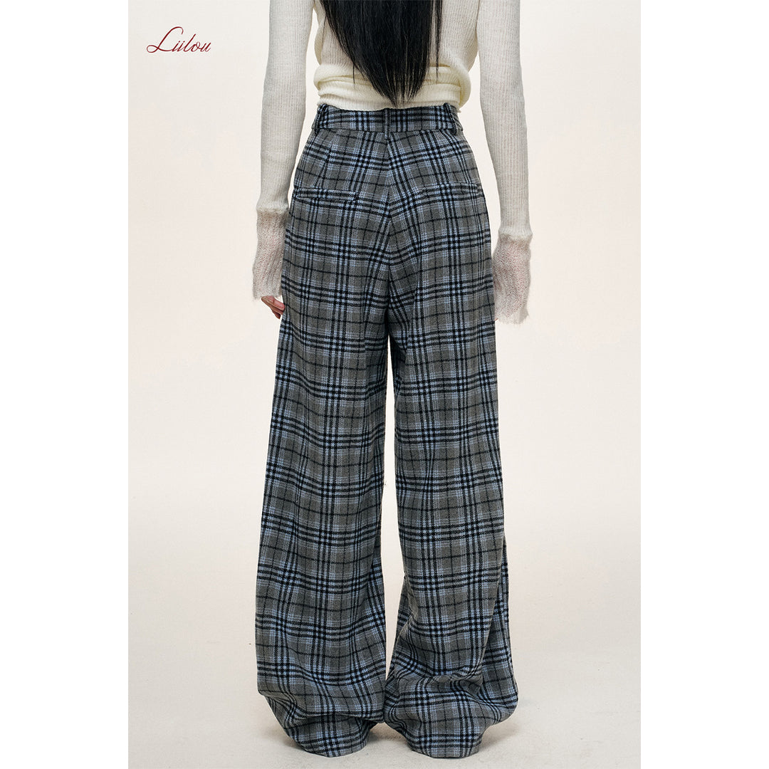 Liilou Plaid Contrast Color Wide-Leg Tweed Pants Blue