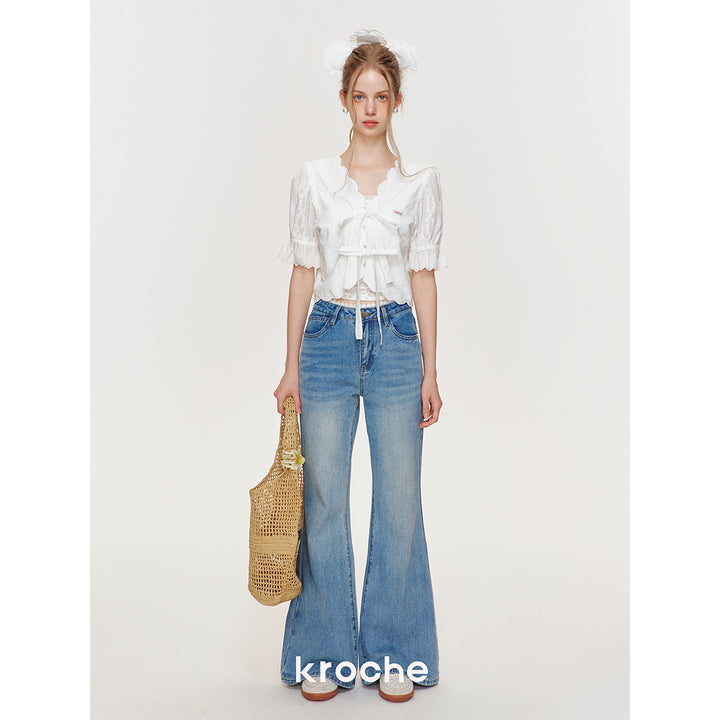 Kroche Lace Bow Lace Up Shirt Top White