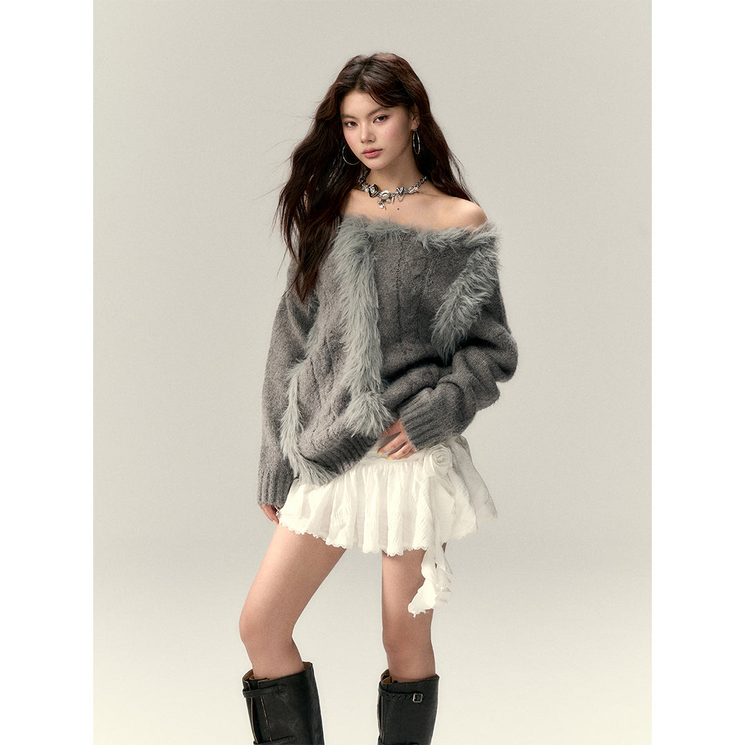 Via Pitti Off Shoulder Fur Integrated Knit Sweater Gray